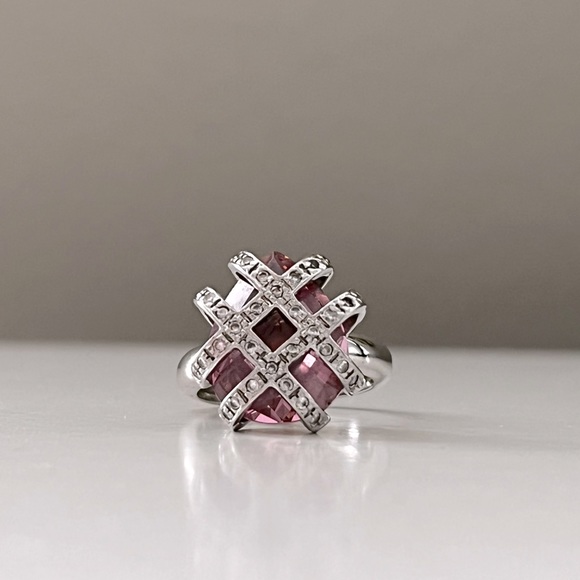 14k white gold pink sapphire and diamond chips ring - Picture 1 of 12